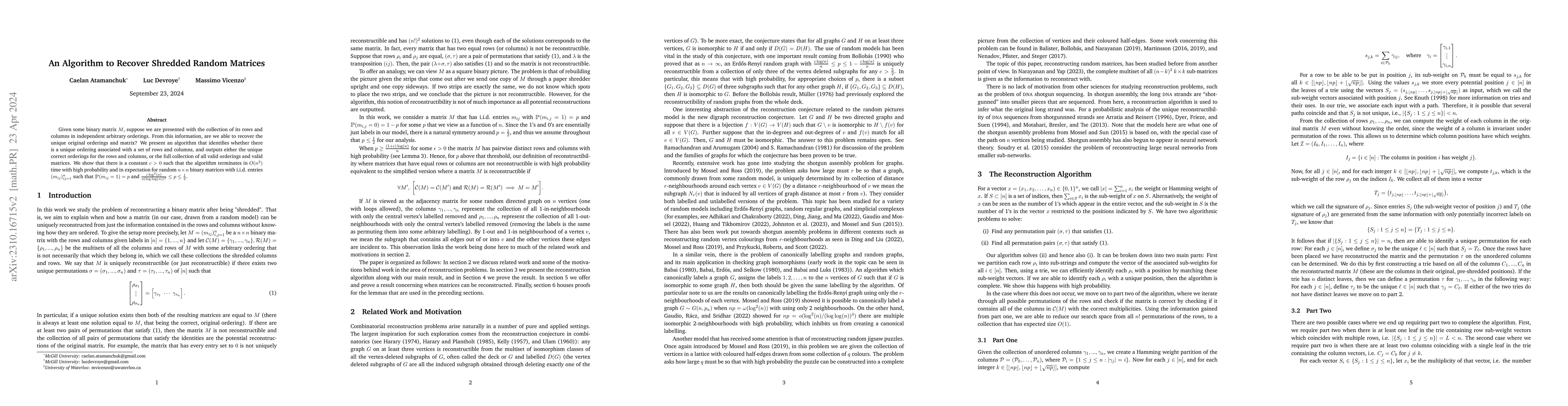 Thumbnail for An Algorithm to Recover Shredded Random Matrices