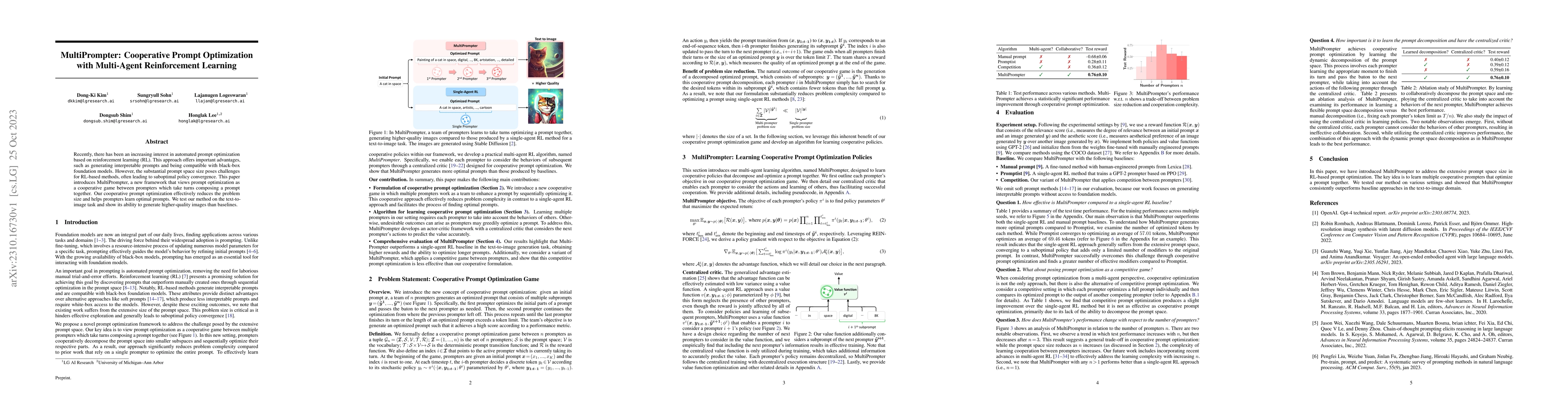 Thumbnail for MultiPrompter: Cooperative Prompt Optimization with Multi-Agent
  Reinforcement Learning