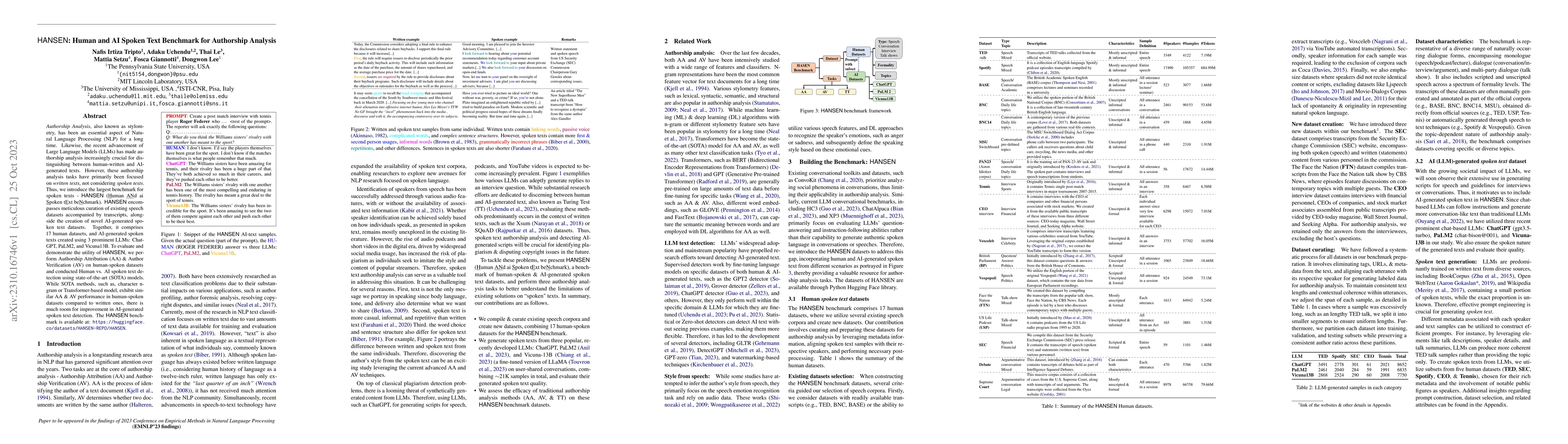 Thumbnail for HANSEN: Human and AI Spoken Text Benchmark for Authorship Analysis