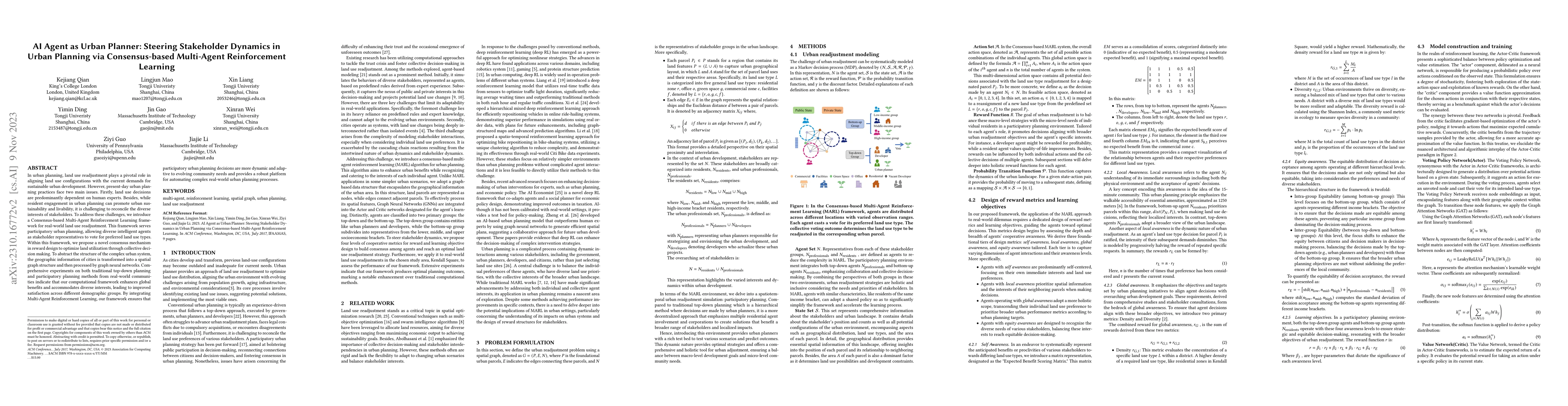 Thumbnail for AI Agent as Urban Planner: Steering Stakeholder Dynamics in Urban
  Planning via Consensus-based Multi-Agent Reinforcement Learning