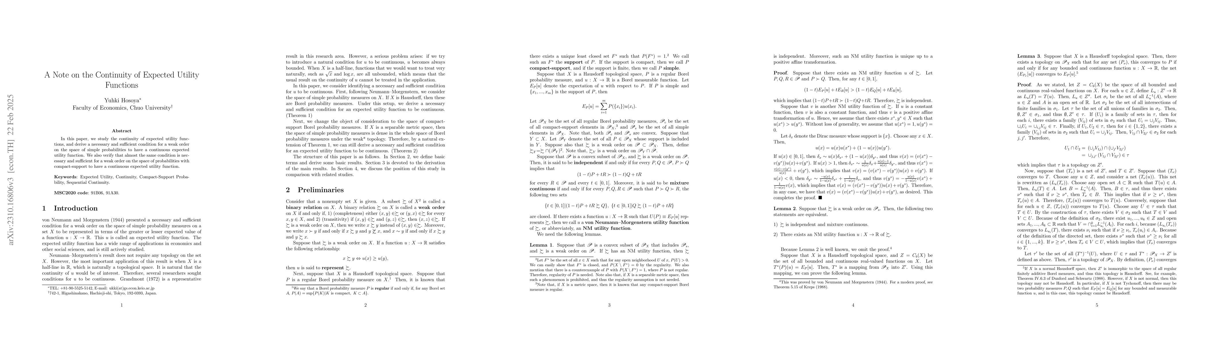 Thumbnail for A Note on the Continuity of Expected Utility Functions