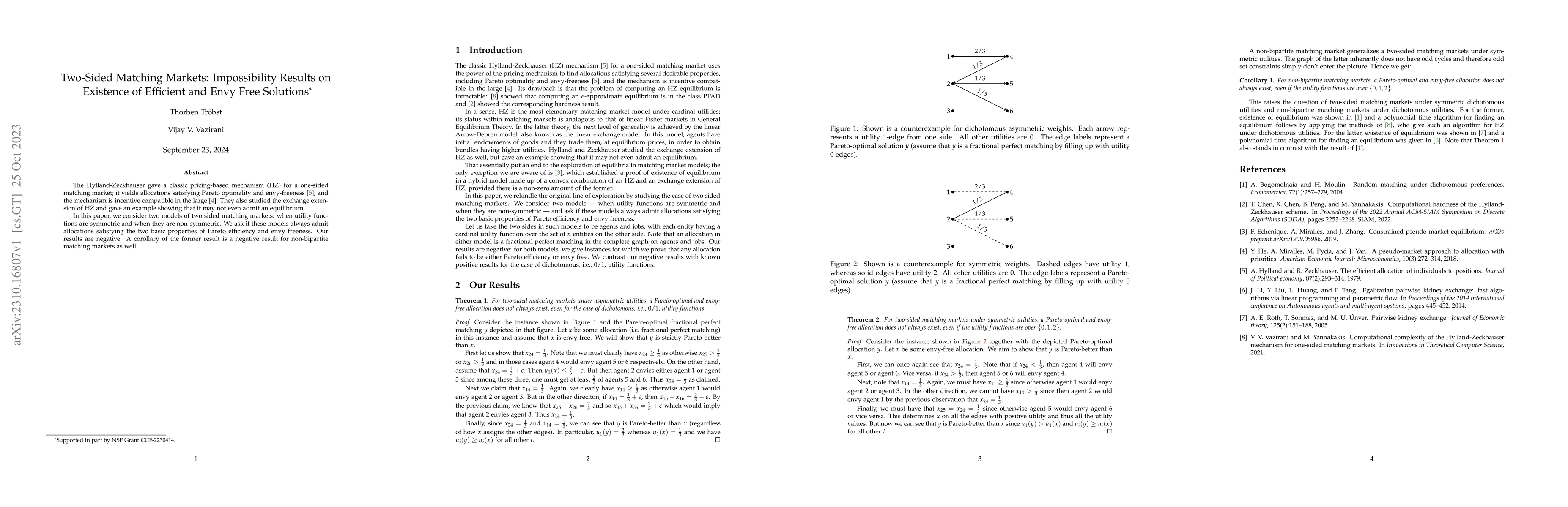 Thumbnail for Two-Sided Matching Markets: Impossibility Results on Existence of
  Efficient and Envy Free Solutions