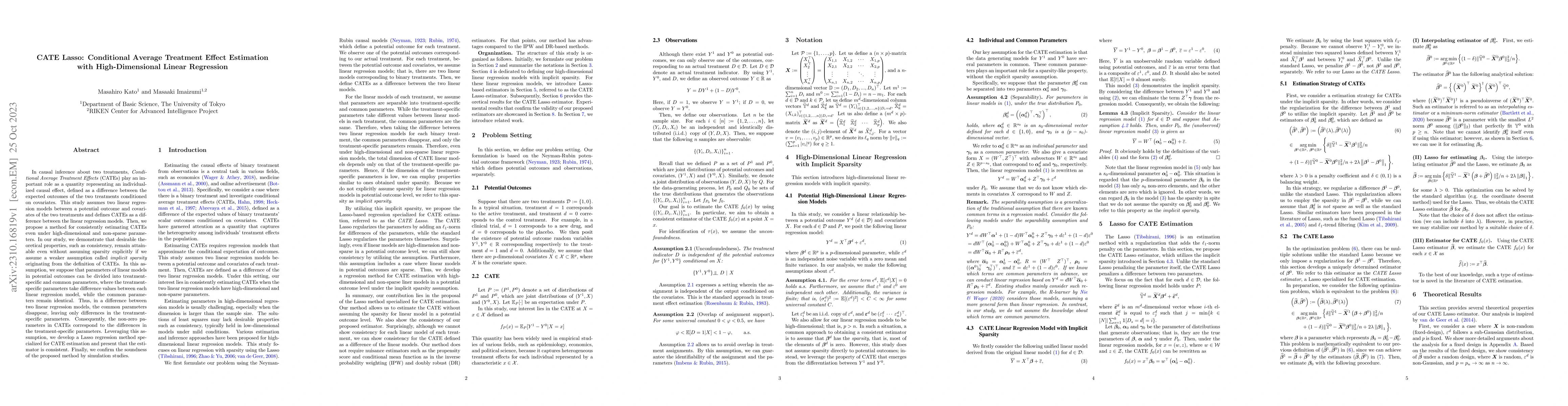 Thumbnail for CATE Lasso: Conditional Average Treatment Effect Estimation with
  High-Dimensional Linear Regression