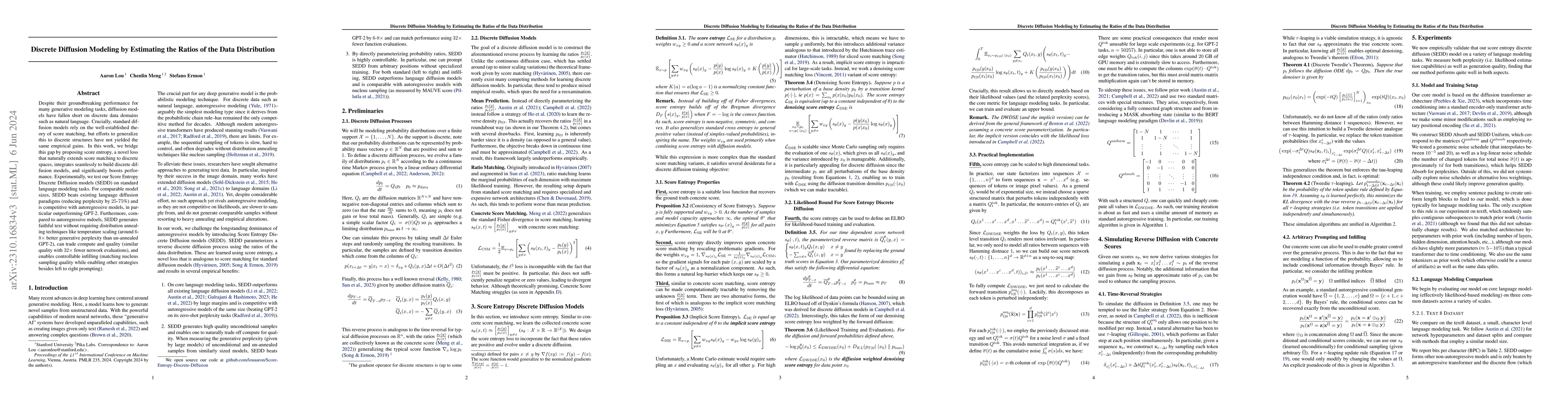 Thumbnail for Discrete Diffusion Modeling by Estimating the Ratios of the Data
  Distribution
