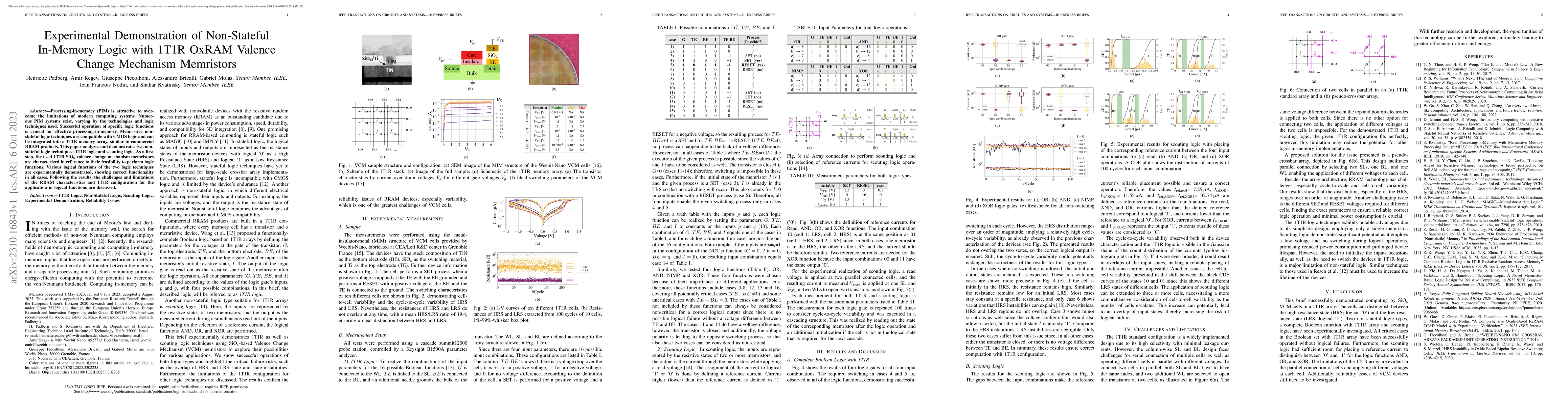 Thumbnail for Experimental Demonstration of Non-Stateful In-Memory Logic with 1T1R
  OxRAM Valence Change Mechanism Memristors