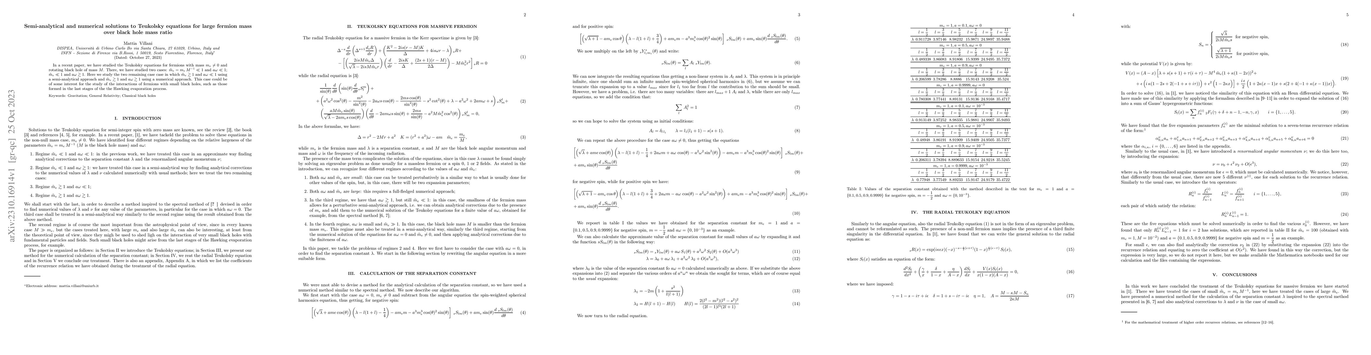Thumbnail for Semi-analytical and numerical solutions to Teukolsky equations for large
  fermion mass over black hole mass ratio