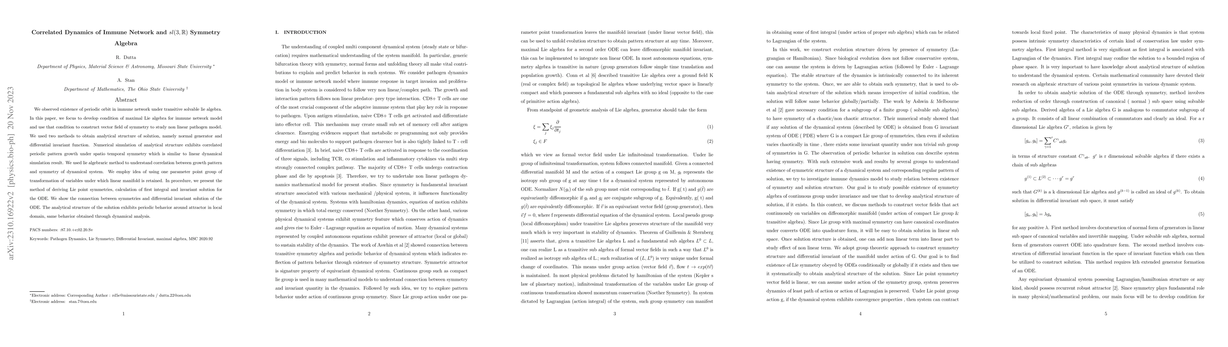 Thumbnail for Correlated dynamics of Immune Network and sl(3,R) Symmetry algebra