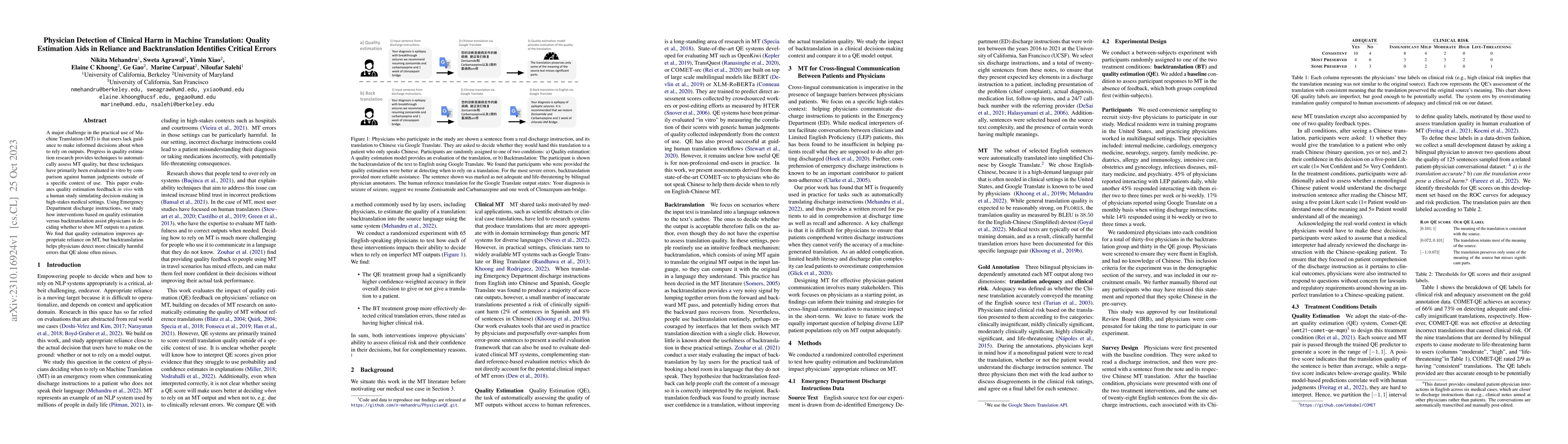 Thumbnail for Physician Detection of Clinical Harm in Machine Translation: Quality
  Estimation Aids in Reliance and Backtranslation Identifies Critical Errors