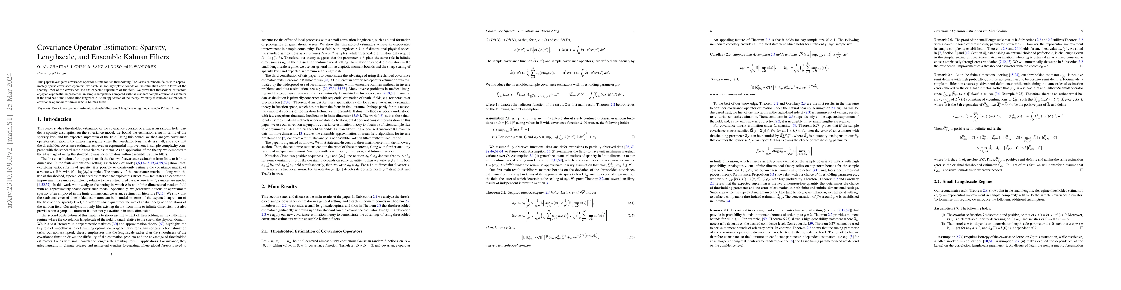 Thumbnail for Covariance Operator Estimation: Sparsity, Lengthscale, and Ensemble
  Kalman Filters