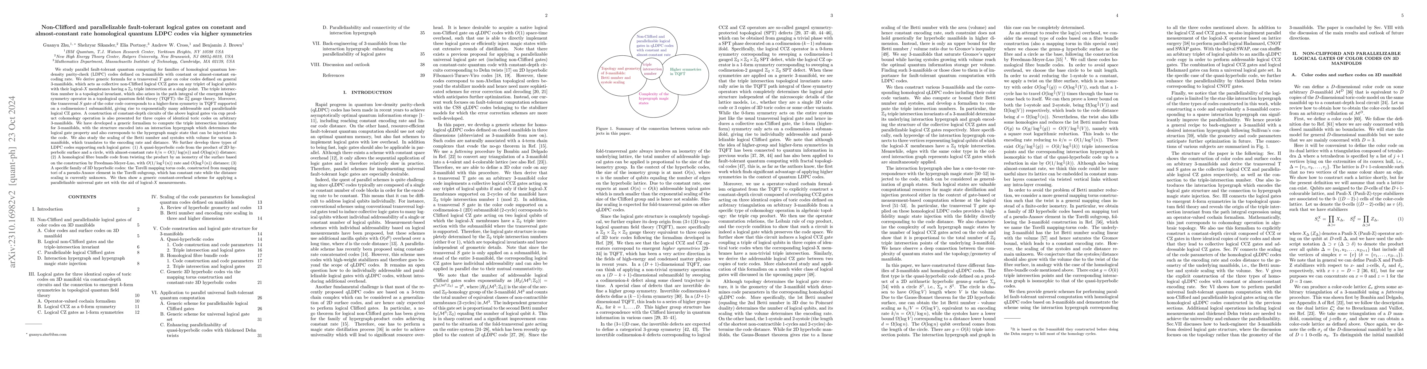 Thumbnail for Non-Clifford and parallelizable fault-tolerant logical gates on constant
  and almost-constant rate homological quantum LDPC codes via higher symmetries
