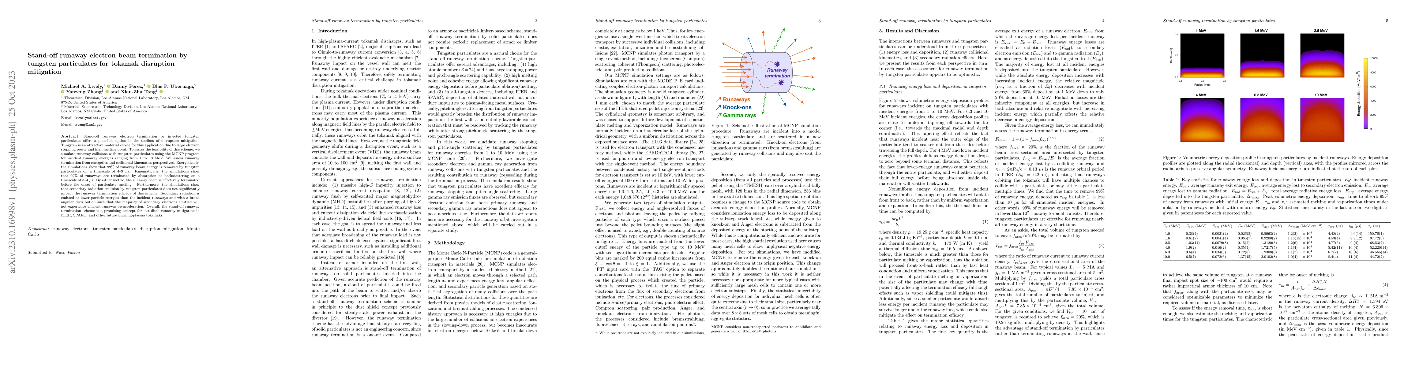 Thumbnail for Stand-off runaway electron beam termination by tungsten particulates for
  tokamak disruption mitigation