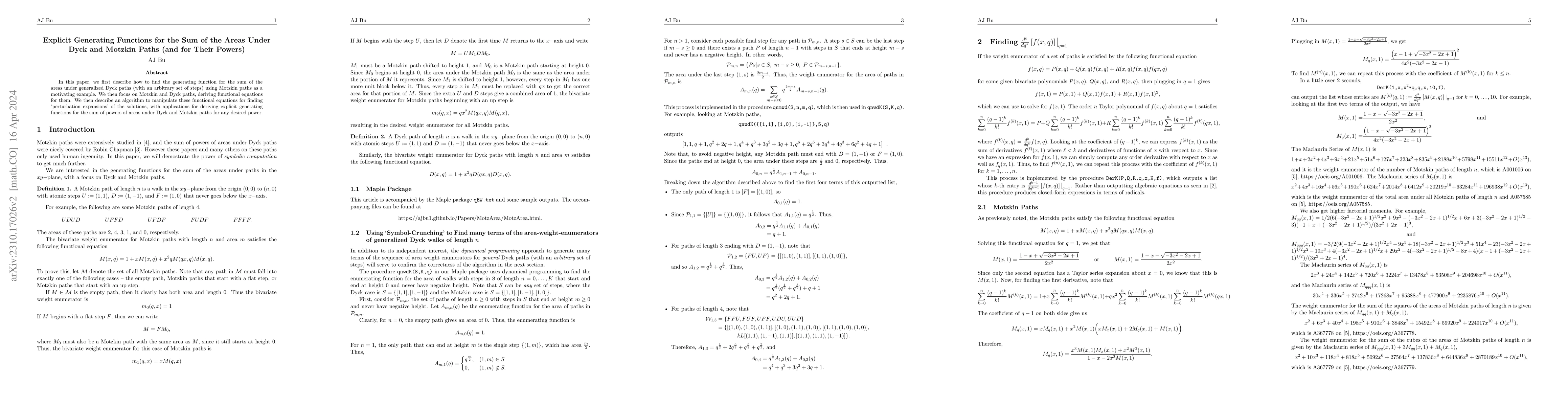 Thumbnail for Explicit Generating Functions for the Sum of the Areas Under Dyck and
  Motzkin Paths (and for Their Powers)