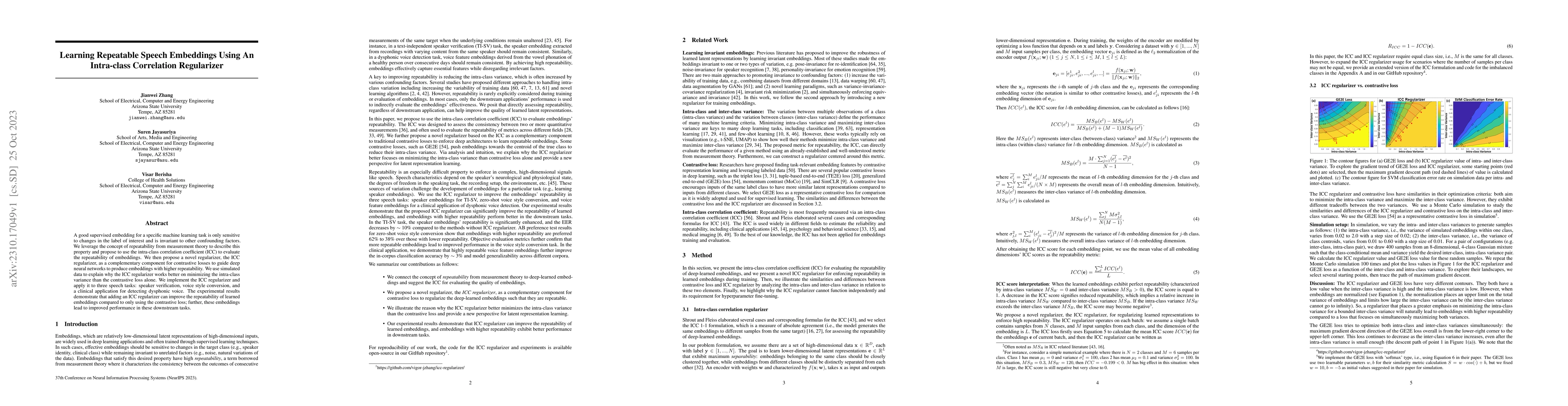Thumbnail for Learning Repeatable Speech Embeddings Using An Intra-class Correlation
  Regularizer