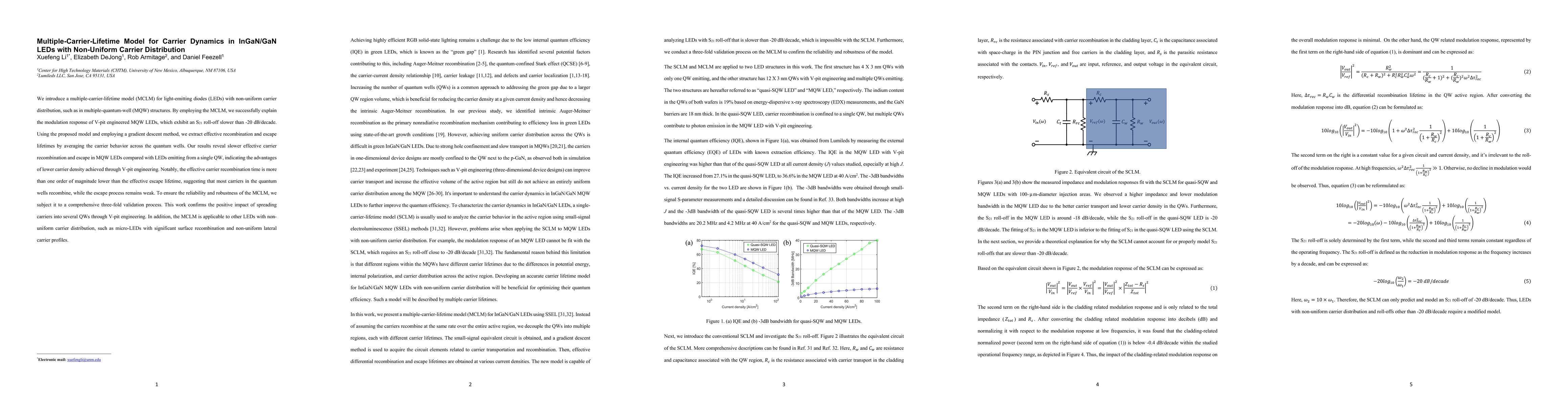 Thumbnail for Multiple-Carrier-Lifetime Model for Carrier Dynamics in InGaN/GaN LEDs
  with Non-Uniform Carrier Distribution