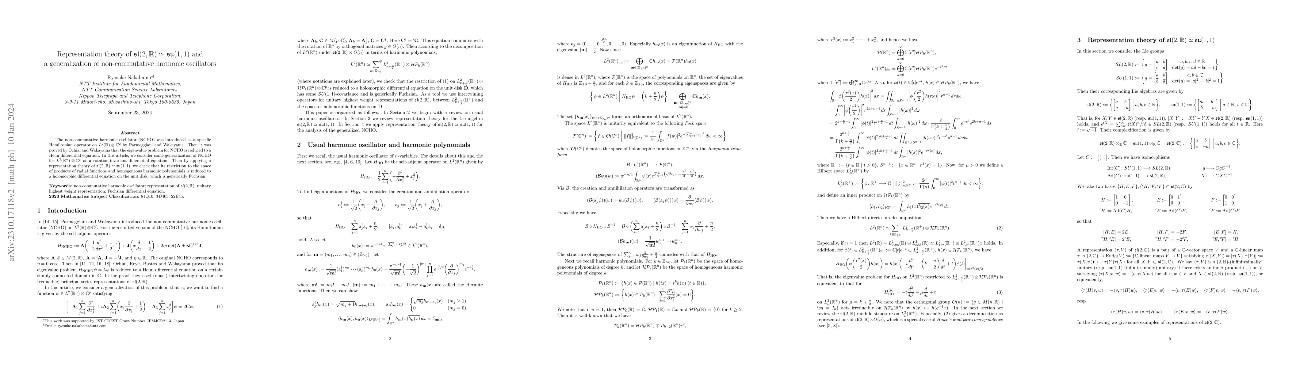 Thumbnail for Representation theory of $\mathfrak{sl}(2,\mathbb{R})\simeq
  \mathfrak{su}(1,1)$ and a generalization of non-commutative harmonic
  oscillators