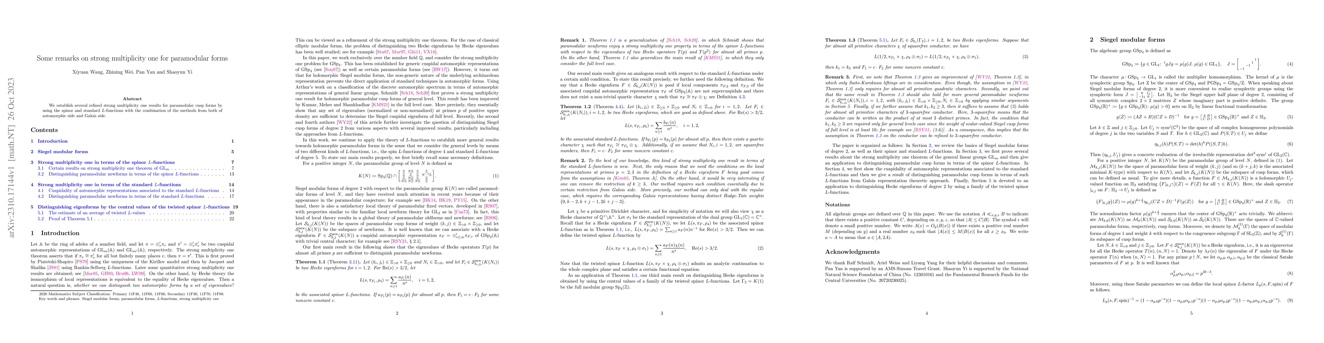 Thumbnail for Some remarks on strong multiplicity one for paramodular forms