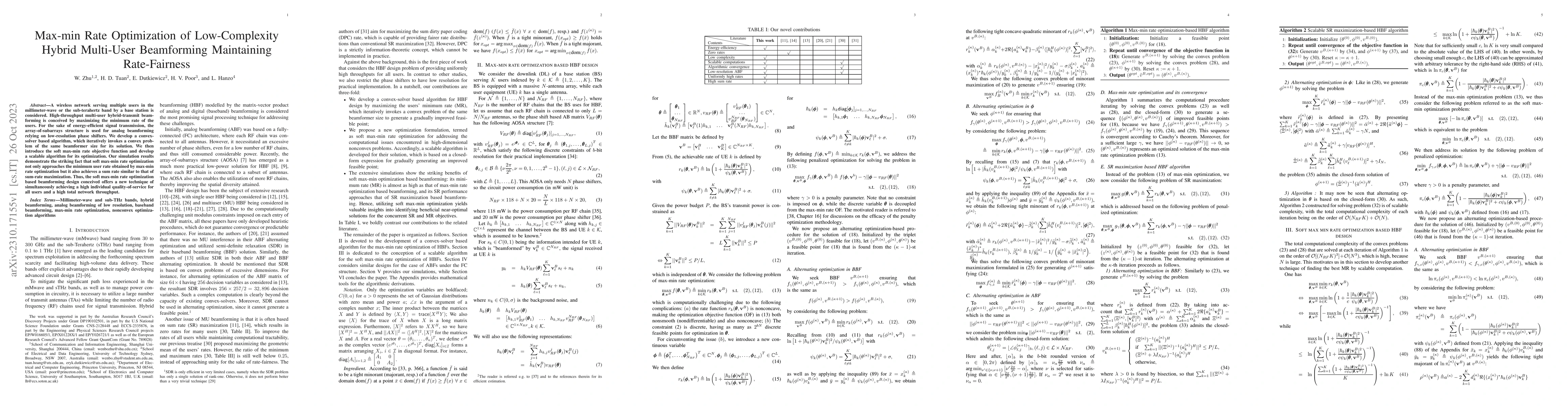 Thumbnail for Max-min Rate Optimization of Low-Complexity Hybrid Multi-User
  Beamforming Maintaining Rate-Fairness