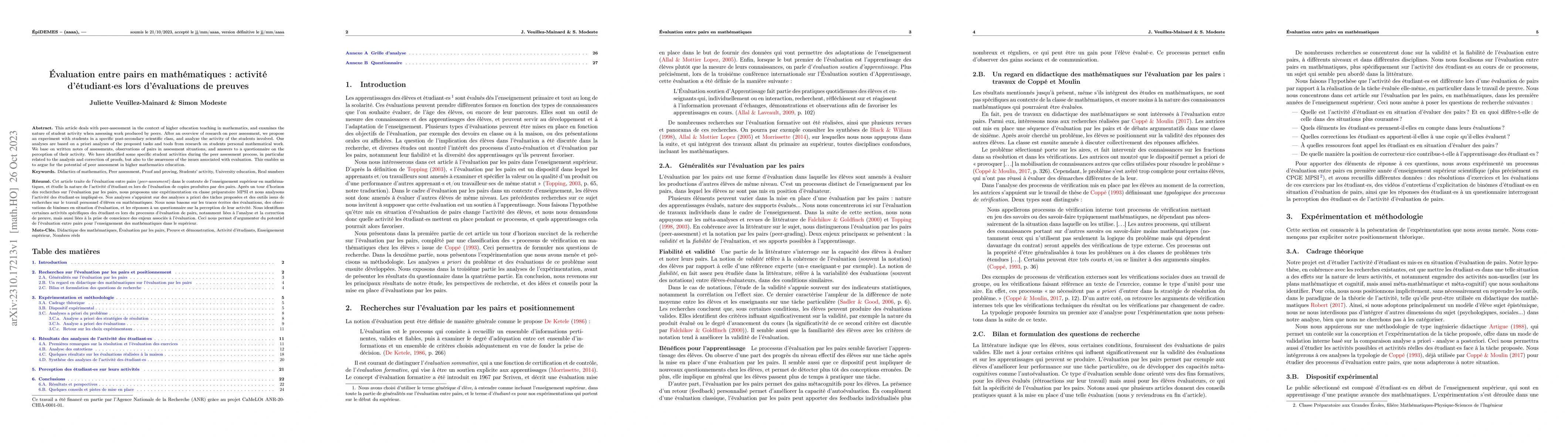 Thumbnail for \'Evaluation entre pairs en math\'ematiques: activit\'e
  d'\'etudiant$\bullet$es lors d'\'evaluations de preuves