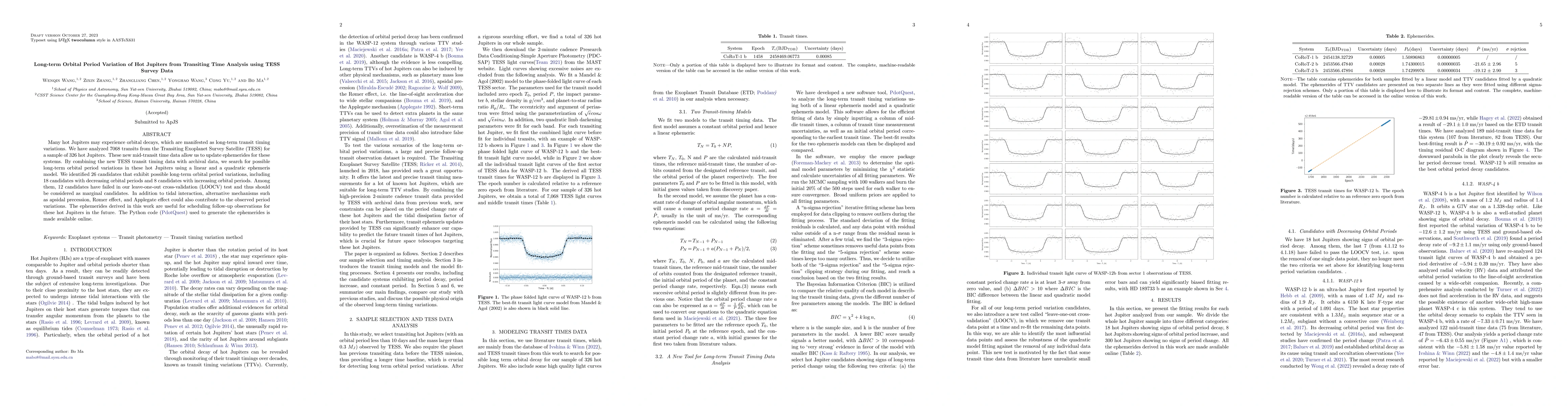 Thumbnail for Long-term Orbital Period Variation of Hot Jupiters from Transiting Time
  Analysis using TESS Survey Data