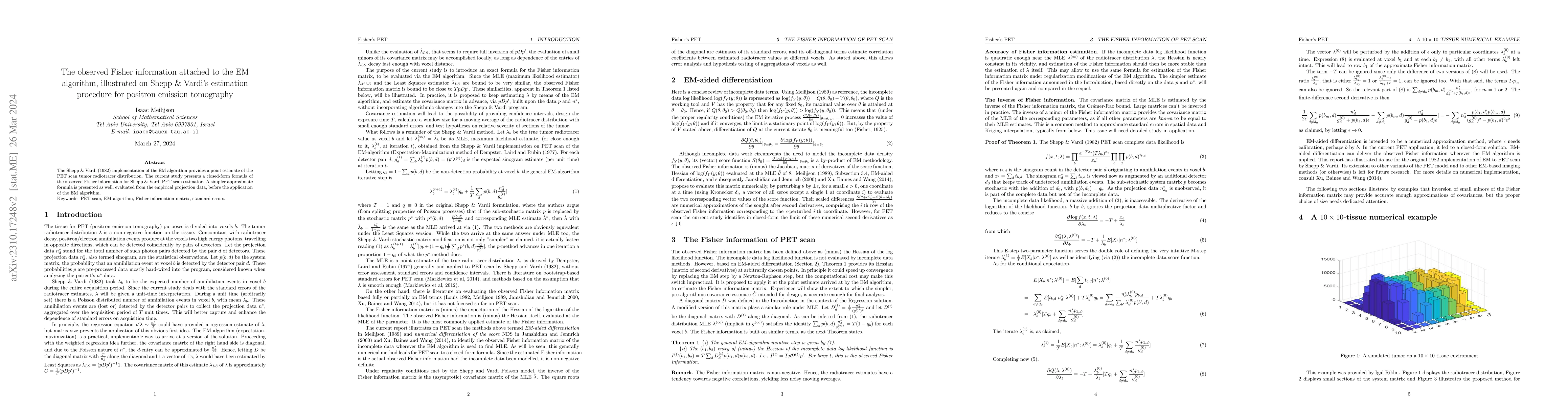Thumbnail for The observed Fisher information attached to the EM algorithm,
  illustrated on Shepp and Vardi estimation procedure for positron emission
  tomography