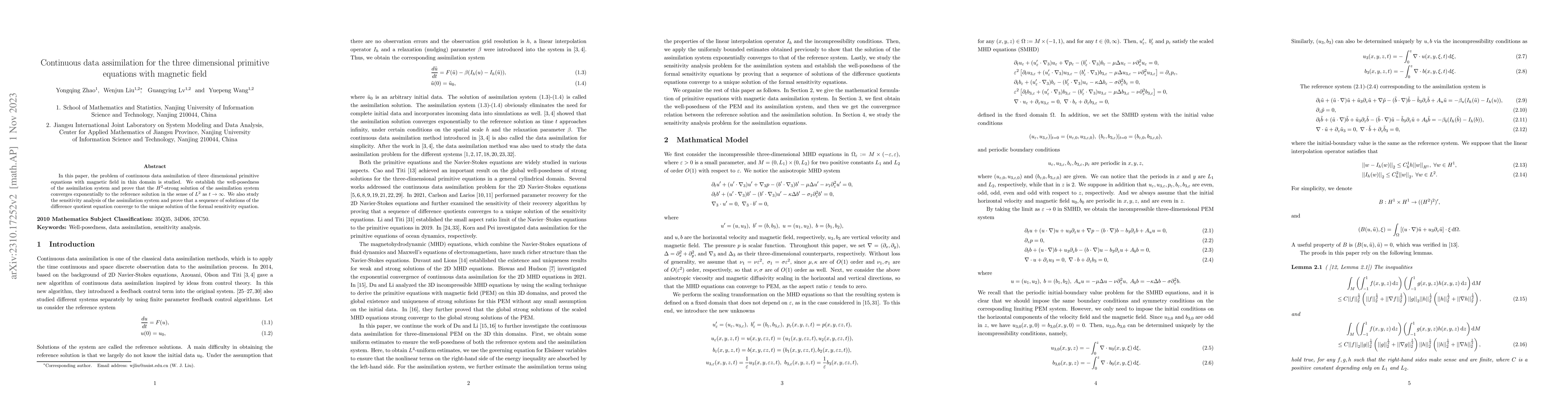 Thumbnail for Continuous data assimilation for the three dimensional primitive
  equations with magnetic field