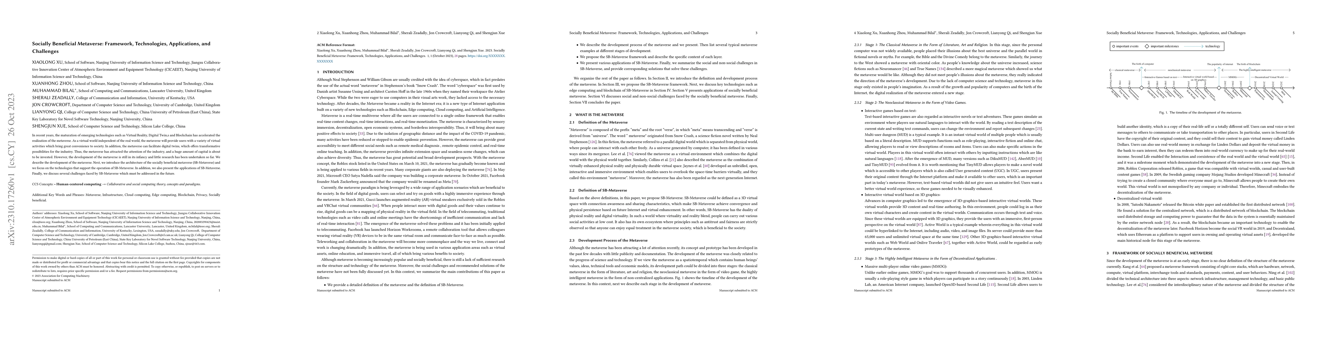 Thumbnail for Socially Beneficial Metaverse: Framework, Technologies, Applications,
  and Challenges