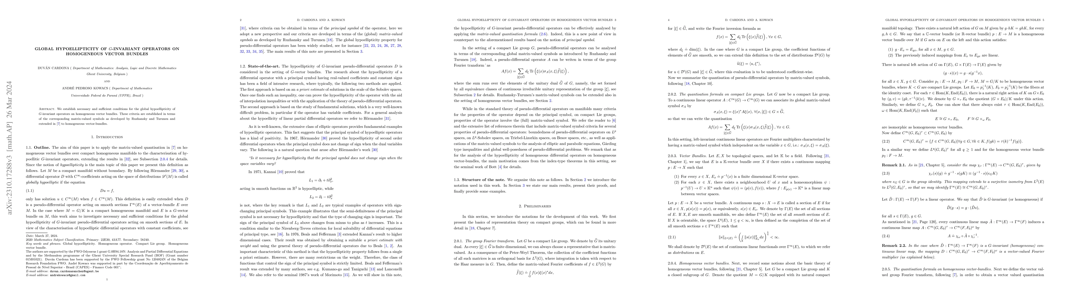 Thumbnail for Global hypoellipticity of $G$-invariant operators on homogeneous vector
  bundles
