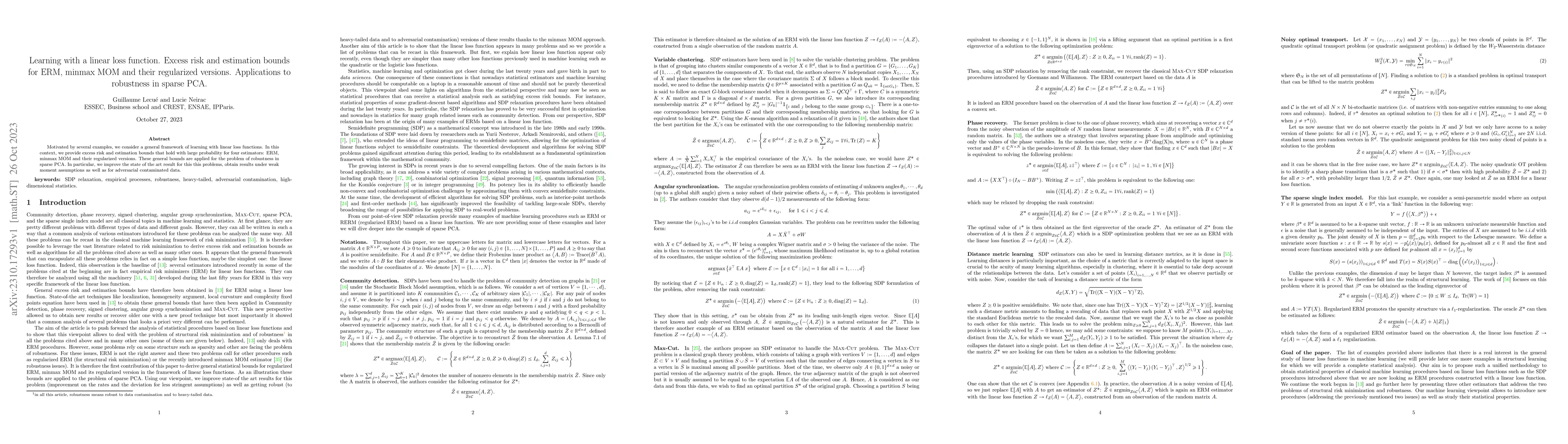 Thumbnail for Learning with a linear loss function. Excess risk and estimation bounds
  for ERM, minmax MOM and their regularized versions. Applications to
  robustness in sparse PCA