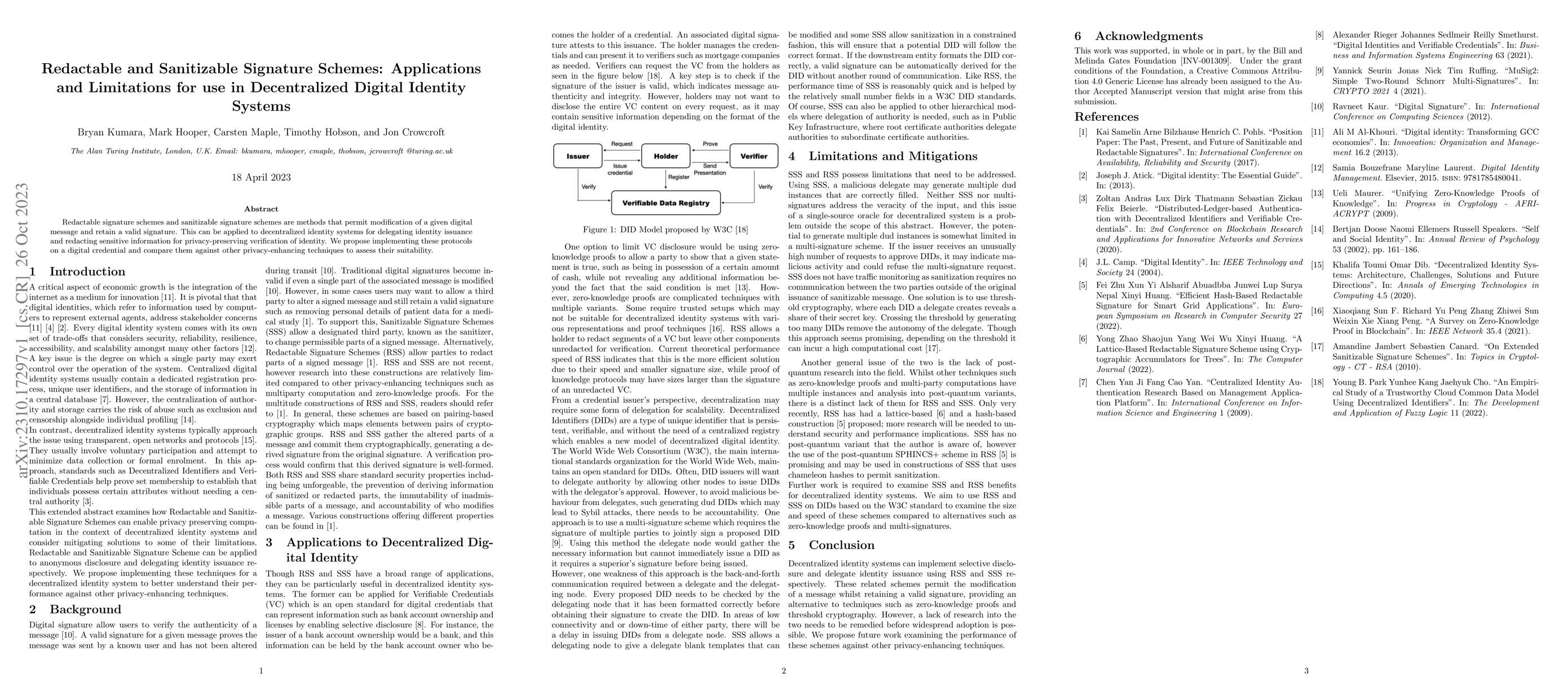 Thumbnail for Redactable and Sanitizable Signature Schemes: Applications and
  Limitations for use in Decentralized Digital Identity Systems
