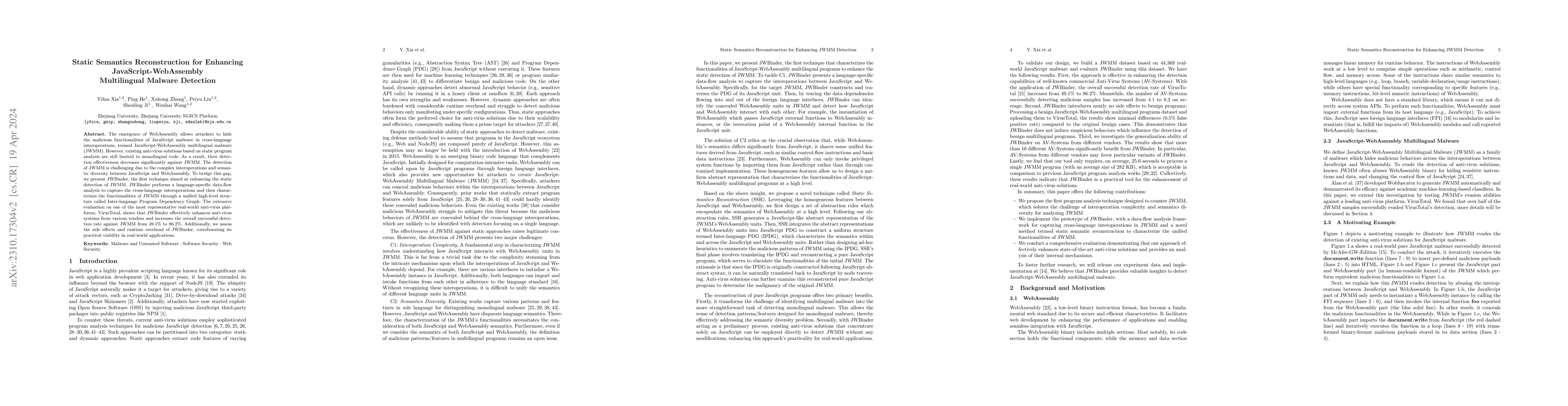 Thumbnail for Static Semantics Reconstruction for Enhancing JavaScript-WebAssembly
  Multilingual Malware Detection