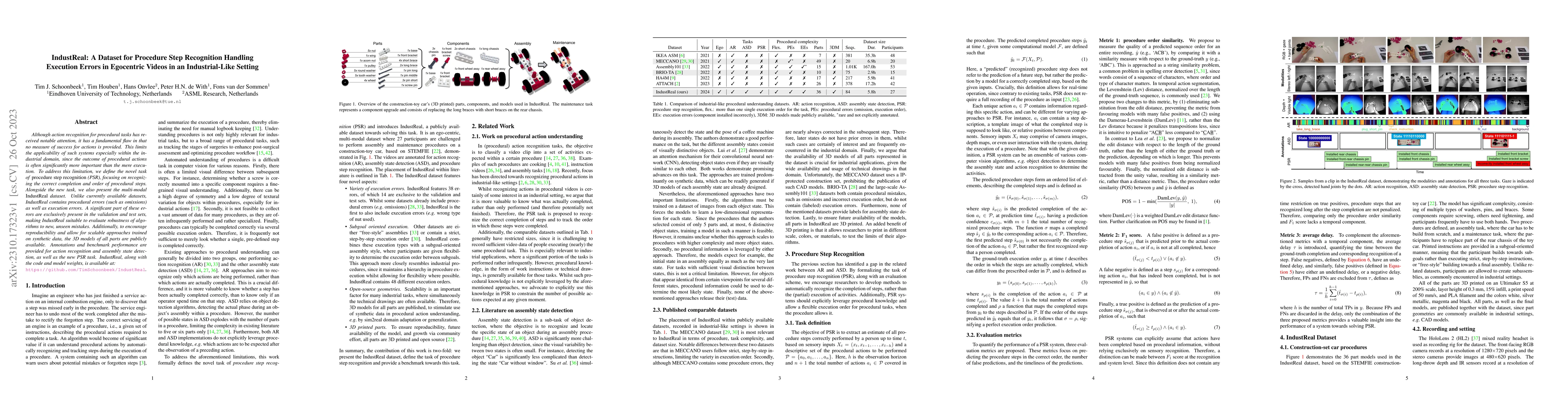 Thumbnail for IndustReal: A Dataset for Procedure Step Recognition Handling Execution
  Errors in Egocentric Videos in an Industrial-Like Setting