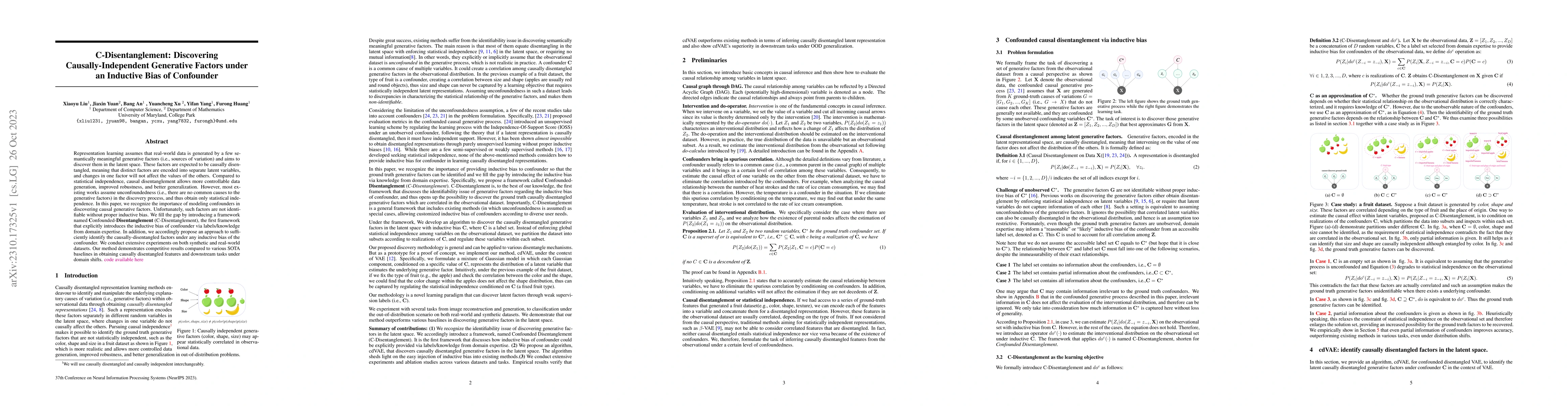 Thumbnail for C-Disentanglement: Discovering Causally-Independent Generative Factors
  under an Inductive Bias of Confounder