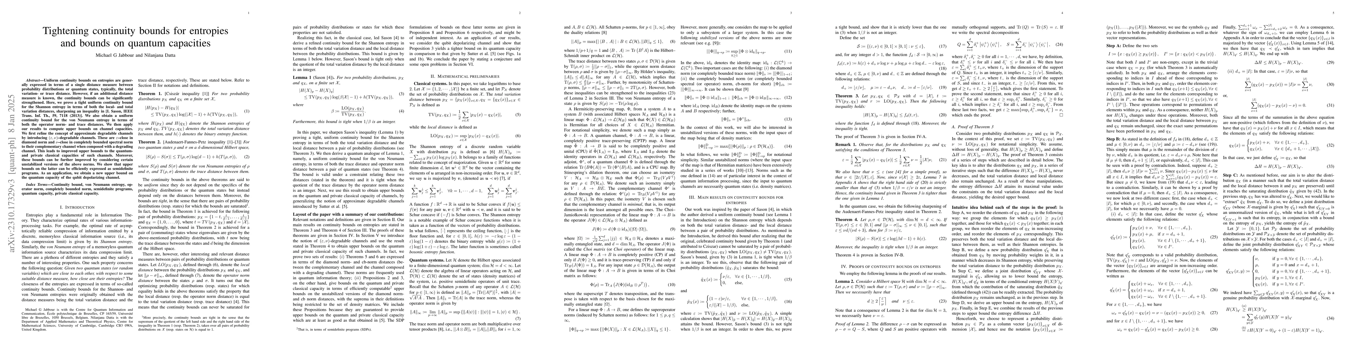 Thumbnail for Tightening continuity bounds on entropies and bounds on quantum
  capacities