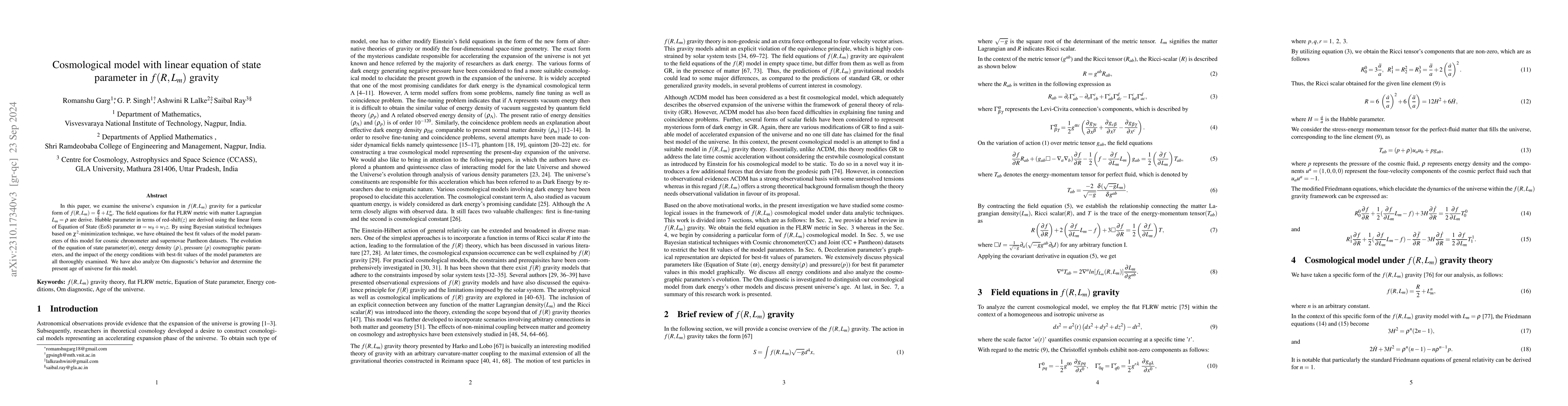 Thumbnail for Cosmological model with linear equation of state parameter in f(R, Lm)
  gravity