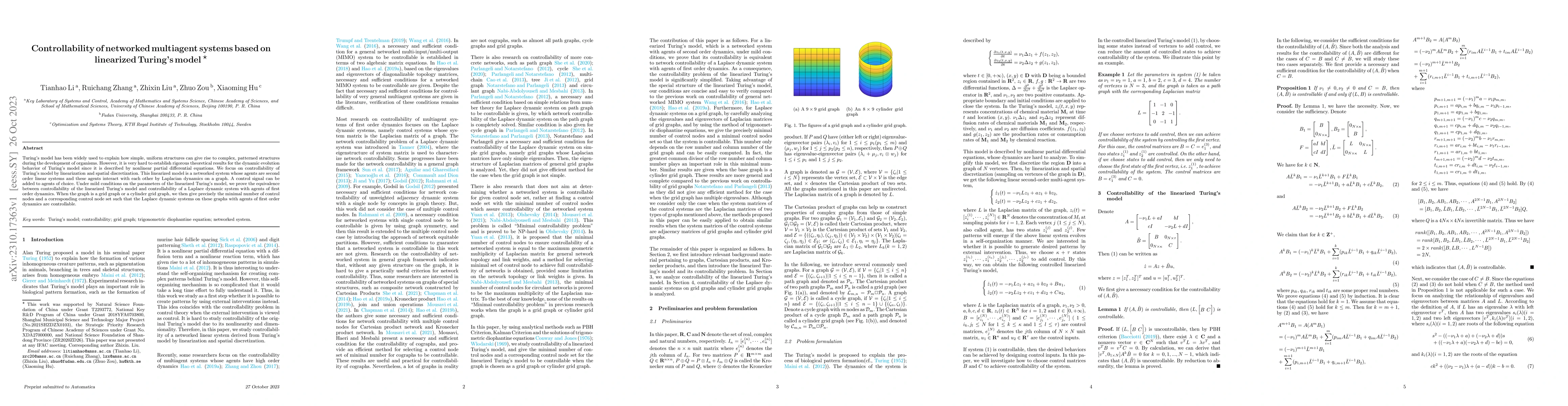 Thumbnail for Controllability of networked multiagent systems based on linearized
  Turing's model