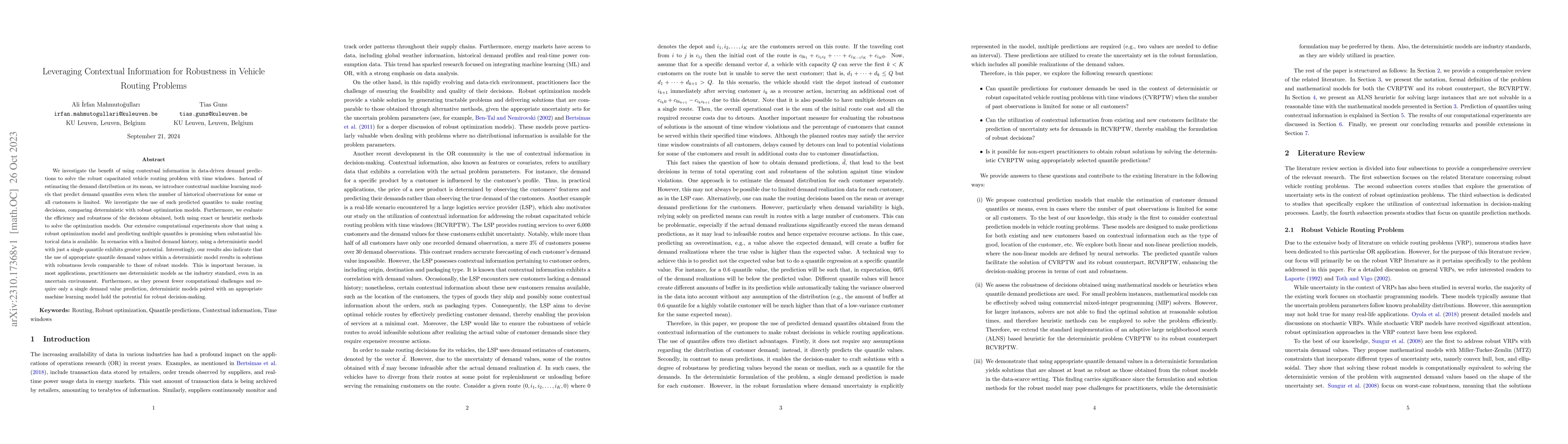 Thumbnail for Leveraging Contextual Information for Robustness in Vehicle Routing
  Problems