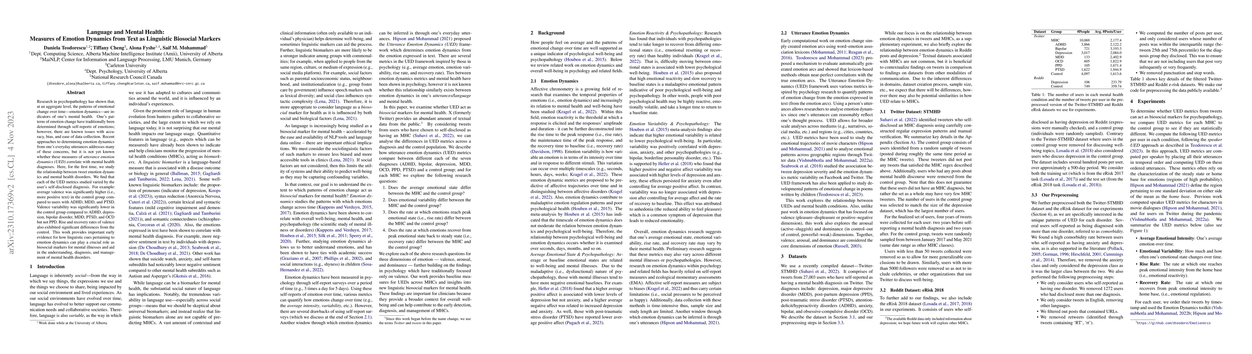 Thumbnail for Language and Mental Health: Measures of Emotion Dynamics from Text as
  Linguistic Biosocial Markers