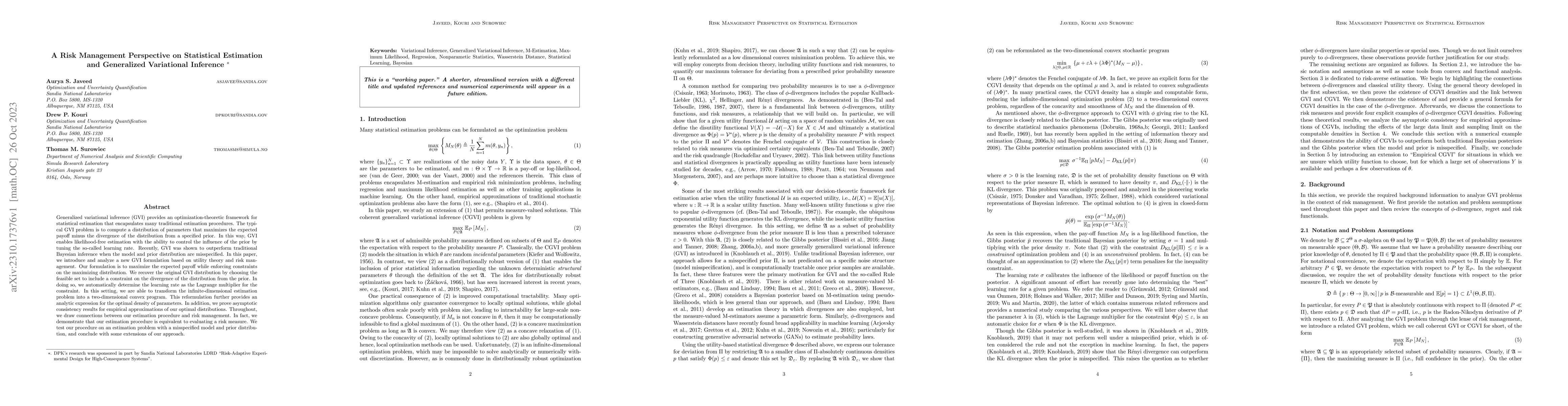 Thumbnail for A Risk Management Perspective on Statistical Estimation and Generalized
  Variational Inference