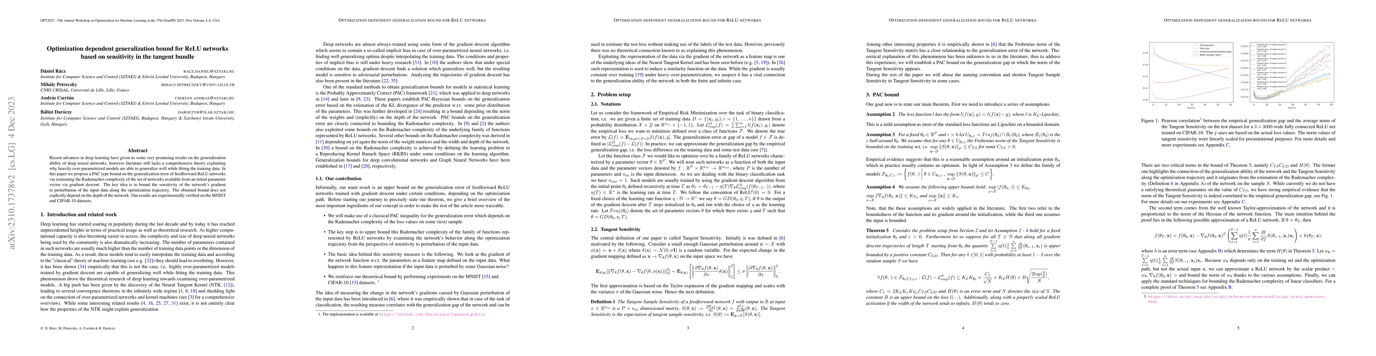 Thumbnail for Optimization dependent generalization bound for ReLU networks based on
  sensitivity in the tangent bundle