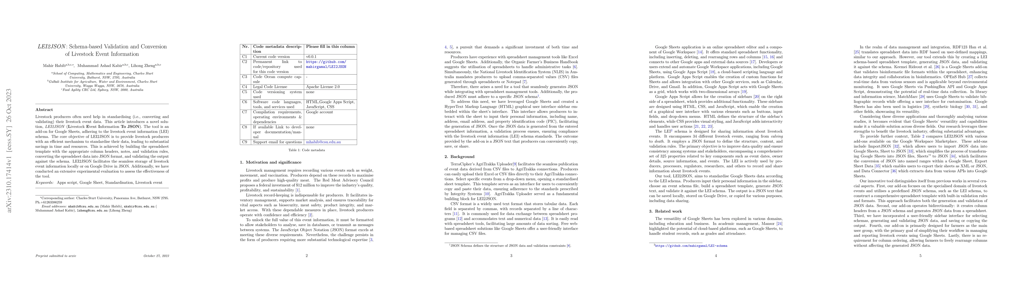 Thumbnail for LEI2JSON: Schema-based Validation and Conversion of Livestock Event
  Information