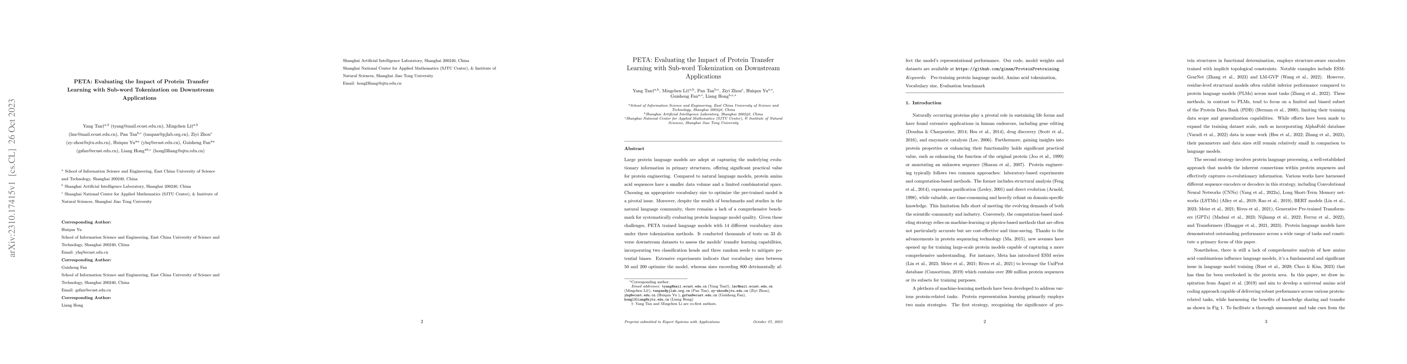 Thumbnail for PETA: Evaluating the Impact of Protein Transfer Learning with Sub-word
  Tokenization on Downstream Applications