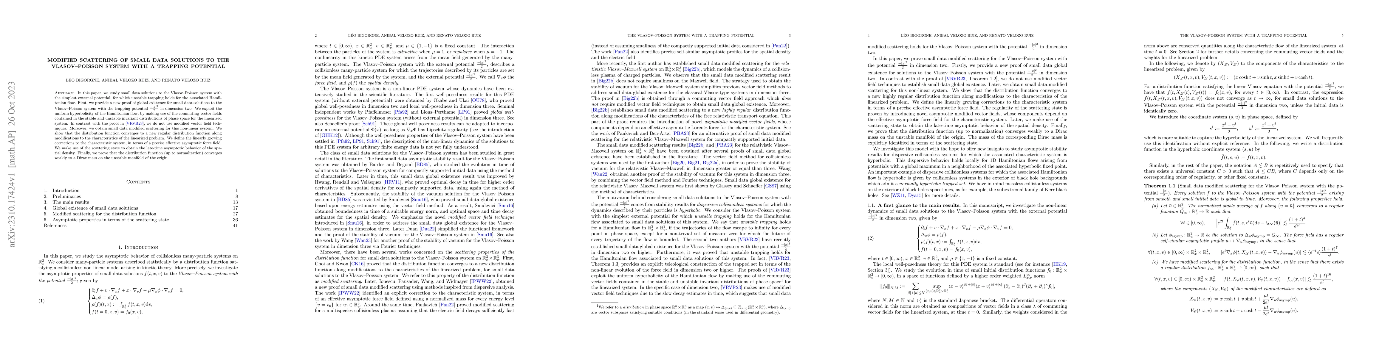Thumbnail for Modified scattering of small data solutions to the Vlasov-Poisson system
  with a trapping potential