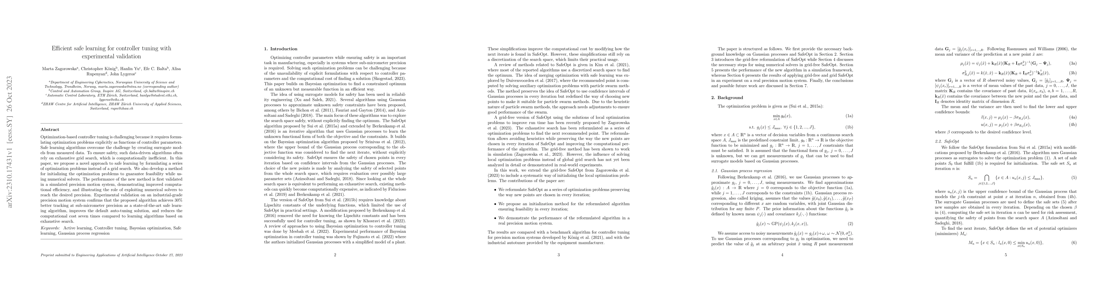 Thumbnail for Efficient safe learning for controller tuning with experimental
  validation