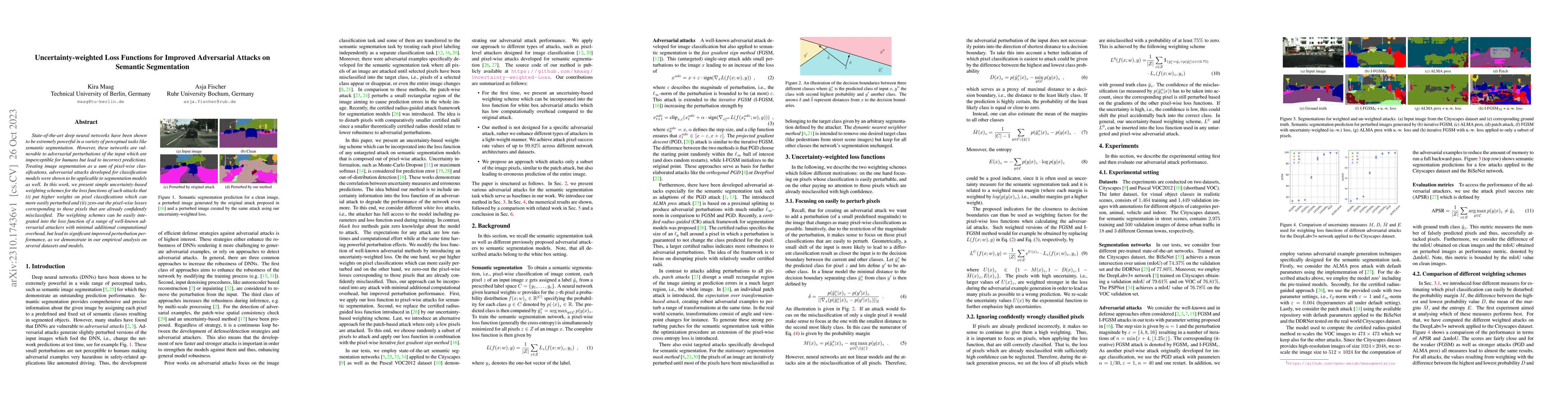 Thumbnail for Uncertainty-weighted Loss Functions for Improved Adversarial Attacks on
  Semantic Segmentation