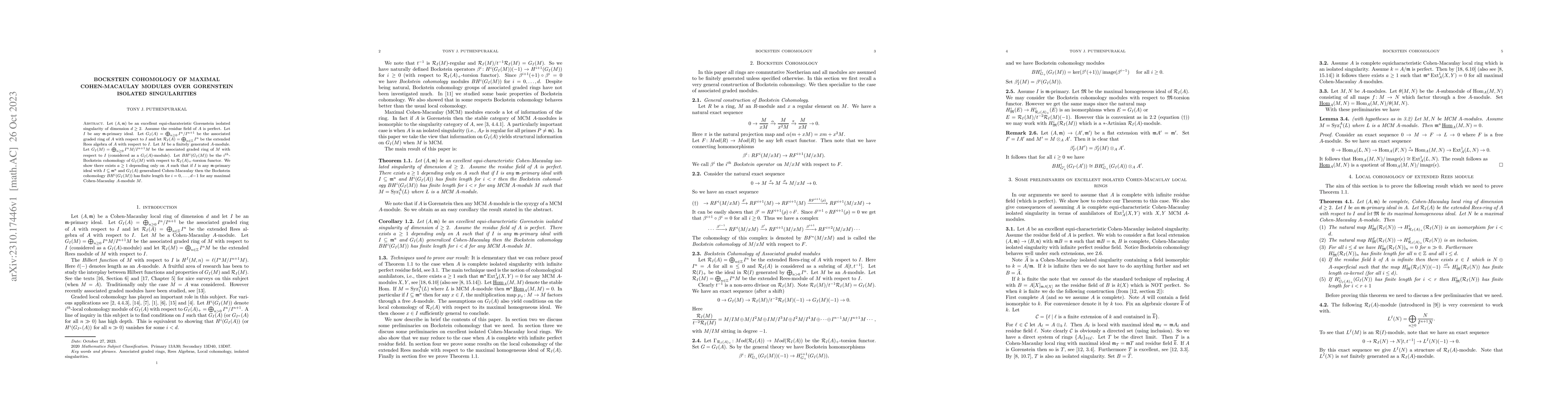 Thumbnail for Bockstein cohomology of Maximal Cohen-Macaulay modules over Gorenstein
  isolated singularities