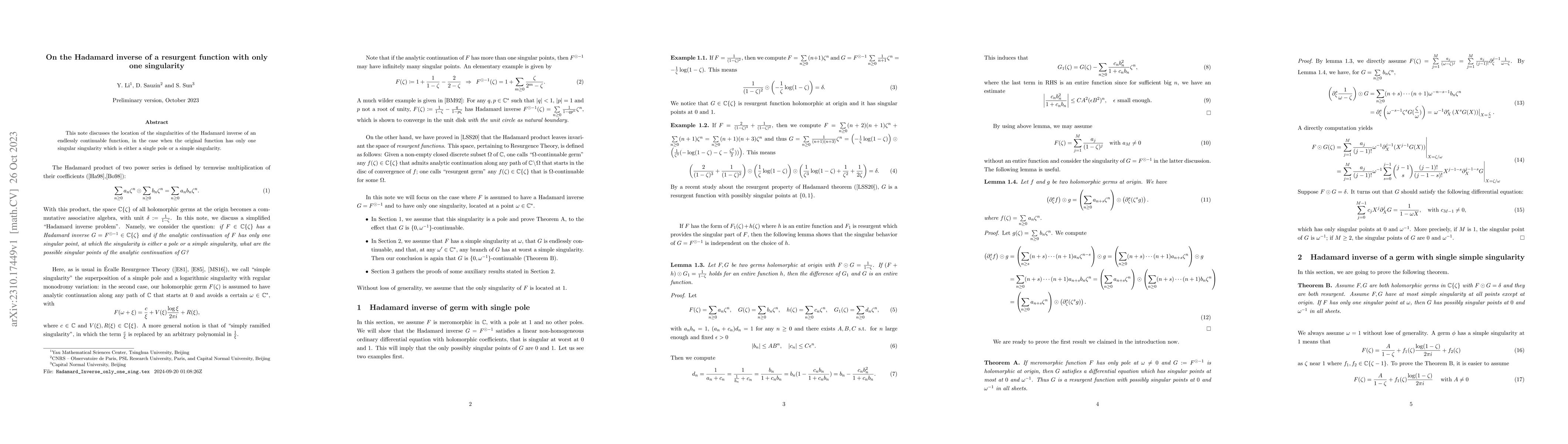 Thumbnail for On the Hadamard inverse of a resurgent function with only one
  singularity