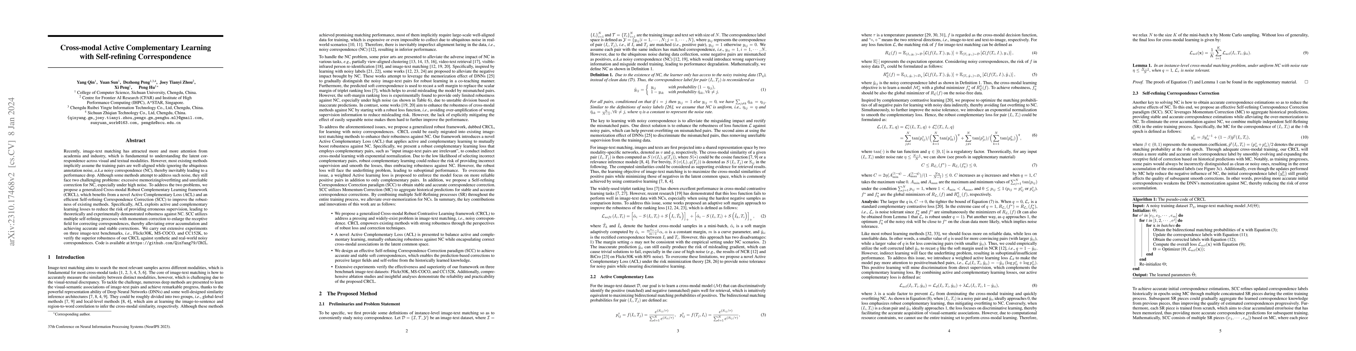 Thumbnail for Cross-modal Active Complementary Learning with Self-refining
  Correspondence