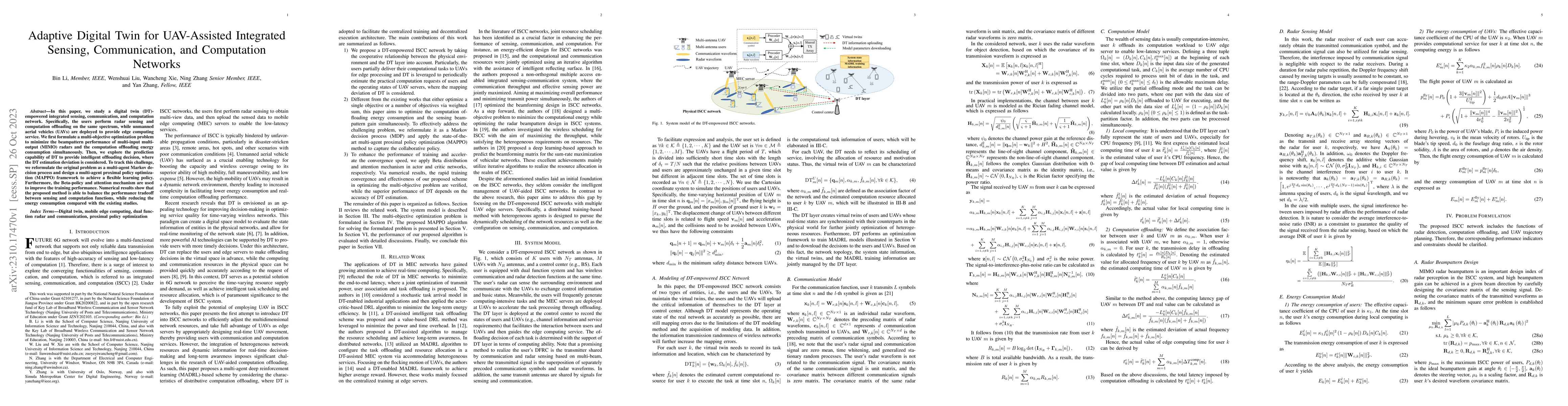 Thumbnail for Adaptive Digital Twin for UAV-Assisted Integrated Sensing,
  Communication, and Computation Networks