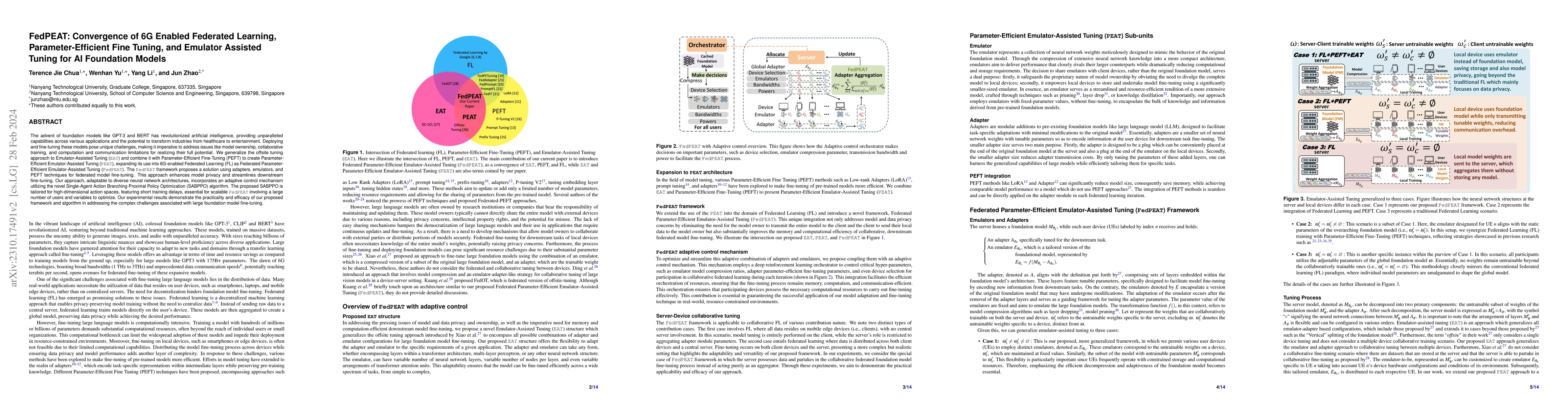 Thumbnail for FedPEAT: Convergence of Federated Learning, Parameter-Efficient Fine
  Tuning, and Emulator Assisted Tuning for Artificial Intelligence Foundation
  Models with Mobile Edge Computing