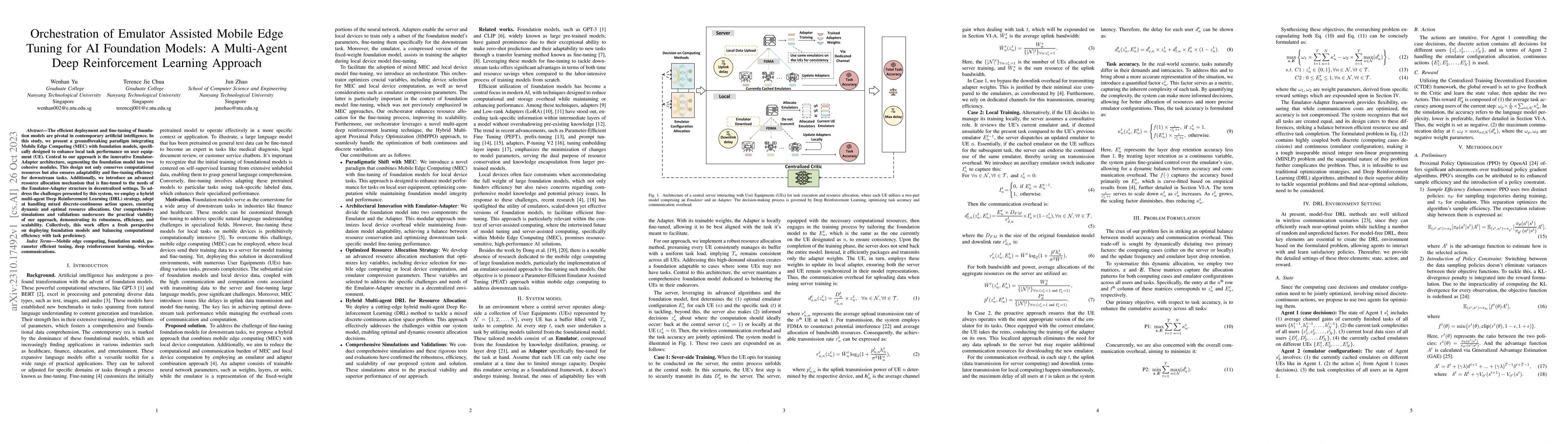 Thumbnail for Orchestration of Emulator Assisted Mobile Edge Tuning for AI Foundation
  Models: A Multi-Agent Deep Reinforcement Learning Approach
